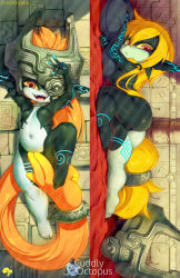 Rule 34 | 1girl, :d, artist name, ass, colored sclera, colored skin, commentary, covering privates, covering crotch, dakimakura (medium), english commentary, fangs, full body, helmet, highres, krokobyaka, looking at viewer, lying, midna, multicolored skin, multiple views, navel, nintendo, on side, one eye covered, open mouth, pointy ears, prehensile hair, sharp teeth, shortstack, smile, stomach, teeth, the legend of zelda, the legend of zelda: twilight princess, tongue, two-tone skin, yellow sclera