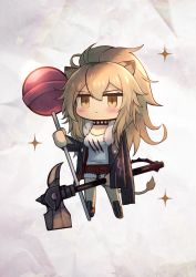 Rule 34 | 1girl, animal ears, arknights, black collar, black footwear, black jacket, breasts, brown eyes, brown hair, candy, chibi, collar, commentary, food, fur-trimmed jacket, fur-trimmed shorts, fur trim, hair between eyes, hammer, highres, holding, holding food, holding hammer, holding weapon, jacket, jitome, lion ears, lollipop, long hair, long sleeves, looking at viewer, md5 mismatch, medium breasts, ohako (ohako1818), oversized food, oversized object, red shorts, resolution mismatch, shirt, shorts, siege (arknights), solo, source larger, t-shirt, weapon, white shirt