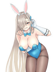 Rule 34 | 1girl, animal ears, arm under breasts, asuna (blue archive), asuna (bunny) (blue archive), black pantyhose, blue archive, blue eyes, blush, bow, bowtie, breasts, cleavage, commentary, detached collar, fake animal ears, gloves, hair over one eye, highres, large breasts, leaning forward, leotard, long hair, looking at viewer, mole, mole on breast, pantyhose, playboy bunny, rabbit ears, smile, solo, traditional bowtie, white background, white gloves, yukimune