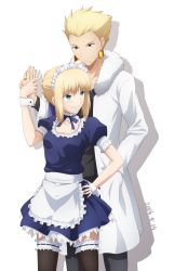 Rule 34 | 1boy, 1girl, 2019, apron, artoria pendragon (all), artoria pendragon (fate), black shirt, black thighhighs, blonde hair, blouse, blue ribbon, blue shirt, blue skirt, braid, braided bun, clenched teeth, collarbone, couple, dated, detached collar, fate/stay night, fate (series), frilled apron, frilled thighhighs, frills, gilgamesh (fate), green eyes, grey pants, hair bun, hand in pocket, hand on own hip, highres, holding hands, jewelry, layered skirt, maid, maid headdress, miniskirt, neck ribbon, official alternate costume, pants, pikoguramyu, pleated skirt, red eyes, ribbon, ring, saber (fate), shadow, shirt, short hair, short sleeves, simple background, skirt, teeth, thighhighs, waist apron, white apron, white background, wrist cuffs