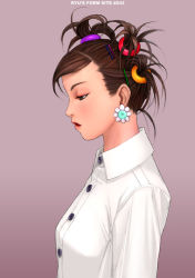 Rule 34 | 1girl, brown hair, earrings, female focus, gradient background, jewelry, makeup, pinup (portrait), profile, ryu (ryu&#039;s form site), solo, upper body