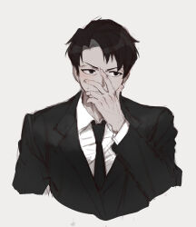 Rule 34 | 1boy, absurdres, black eyes, black hair, black suit, covering face, formal, furrowed brow, highres, jacket, library of ruina, male focus, necktie, project moon, roland (project moon), shirt, short hair, solo, suit, suit jacket, sweat, white shirt, zzol sos
