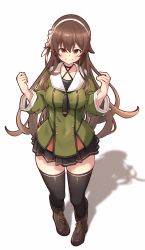 Rule 34 | .live, 1girl, black thighhighs, blush, boots, breasts, brown hair, collarbone, commentary request, full body, hair between eyes, highres, large breasts, long hair, looking at viewer, medium breasts, mikokomiyazawa, red eyes, school uniform, shadow, simple background, smile, solo, standing, thighhighs, virtual youtuber, white background, yaezawa natori