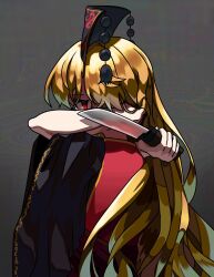 Rule 34 | 1girl, amadare rak, arms behind head, black dress, blonde hair, chinese clothes, covered mouth, dress, from behind, gold trim, grey background, hair lift, hair ornament, highres, holding, holding knife, junko (touhou), knife, long hair, looking at viewer, looking back, phoenix crown, red eyes, red tabard, solo, tabard, tassel, tassel hair ornament, touhou, upper body, wide sleeves