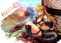 Rule 34 | 1girl, ahoge, artist name, black bra, black footwear, blonde hair, blue cape, blue eyes, blue sleeves, boots, bra, breasts, cape, character name, commentary request, commission, dated, detached sleeves, doughnut, earrings, eating, fingerless gloves, food, full body, fur-trimmed cape, fur-trimmed sleeves, fur trim, gloves, hair between eyes, halterneck, holding, holding food, jewelry, large breasts, long hair, looking at viewer, midriff, navel, open mouth, pointy ears, ragnarok online, reload9 yohji, signature, sitting, skeb commission, solo, stalker (ragnarok online), teeth, thigh strap, underwear, waist cape, watermark