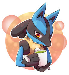 Rule 34 | absurdres, animal ears, closed mouth, creatures (company), cropped torso, cup, dog ears, game freak, gen 4 pokemon, goom (goomyparty), highres, holding, holding cup, looking at viewer, lucario, mug, nintendo, pokemon, pokemon (creature), red eyes, smile, solo, spikes, steam, upper body, white background