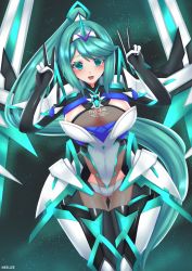 Rule 34 | 1girl, absurdly long hair, armor, breasts, cleavage, elbow gloves, gem, gloves, glowing, hair ornament, headpiece, highres, huge breasts, jewelry, large breasts, long hair, looking at viewer, mechanical wings, neelize, nintendo, open mouth, pantyhose, pneuma (xenoblade), ponytail, shoulder armor, smile, solo, spoilers, swept bangs, thighhighs, tiara, very long hair, wings, xenoblade chronicles (series), xenoblade chronicles 2