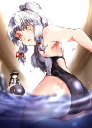 Rule 34 | 10s, 2girls, abyssal ship, alternate hairstyle, armpits, ass, black eyes, black hair, blue hair, blunt bangs, breasts, camcorder, competition swimsuit, from behind, hair up, hatsuyuki (kancolle), i-class destroyer, indoors, jitome, kantai collection, long hair, looking at another, looking at viewer, multiple girls, murakumo (kancolle), one-piece swimsuit, open mouth, orange eyes, partially submerged, ponytail, seiza, shirt, short eyebrows, sitting, suga leon, swimsuit, thighs, video camera, wavy hair, wet, wet clothes, white shirt