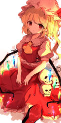 Rule 34 | 1girl, bad id, bad pixiv id, blonde hair, breasts, closed mouth, collar, crystal, flandre scarlet, hat, hat ribbon, highres, jewelry, light, looking at viewer, medium breasts, mob cap, multicolored wings, nail polish, one side up, puffy short sleeves, puffy sleeves, red eyes, red footwear, red nails, red ribbon, red skirt, red vest, ribbon, shadow, shangurira, shirt, shoes, short hair, short sleeves, simple background, sitting, sketch, skirt, skull, solo, touhou, vest, white background, white collar, white hat, white shirt, white sleeves, wings, yellow neckwear