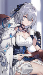 Rule 34 | 1girl, absurdres, black gloves, blurry, blurry background, breasts, bronya zaychik, bronya zaychik (silverwing: n-ex), cleavage, closed mouth, commentary request, cup, depth of field, dress, eyebrows hidden by hair, feet out of frame, gloves, grey eyes, grey hair, hair between eyes, hair intakes, highres, holding, holding cup, holding saucer, honkai (series), honkai impact 3rd, long hair, medium breasts, mug, pleated dress, ponytail, saucer, sin (btc86amme), single glove, sitting, smile, solo, steam, very long hair, white dress