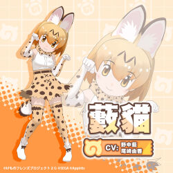 Rule 34 | 1girl, animal ears, blonde hair, cat ears, cat girl, cat tail, chinese text, extra ears, kemono friends, kemono friends 3, looking at viewer, official art, serval (kemono friends), simple background, solo, tail, yellow eyes
