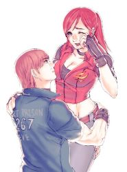 Rule 34 | 1boy, 1girl, bad id, bad pixiv id, bailian, belt, black gloves, blue eyes, breasts, brown hair, claire redfield, cleavage, collarbone, crying, denim, fingerless gloves, gloves, green eyes, groin, hand on another&#039;s shoulder, hetero, hug, jacket, jeans, jewelry, large breasts, looking at another, looking up, muscular, neck ring, one eye closed, open mouth, pants, ponytail, prison clothes, red hair, red vest, resident evil, resident evil - code: veronica, rubbing eyes, sideburns, sidelocks, simple background, steve burnside, teeth, upper body, vest, white background