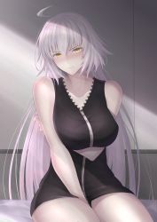 Rule 34 | 1girl, absurdres, ahoge, bare shoulders, black dress, breasts, closed mouth, collarbone, dress, fate/grand order, fate (series), grey background, highres, jeanne d&#039;arc (fate), jeanne d&#039;arc alter (fate), jeanne d&#039;arc alter (ver. shinjuku 1999) (fate), large breasts, long hair, official alternate costume, on bed, pale skin, penguintake, short dress, silver hair, sitting, tsurime, two-tone background, wall, wicked dragon witch ver. shinjuku 1999, yellow eyes