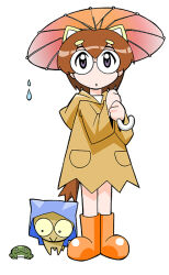 :&gt; animal_ears ankle_boots aqua_hood black_eyes black_outline boots brown_coat brown_fur brown_hood brown_sleeves brown_tail closed_mouth coat colored_inner_animal_ears colored_sclera cub double-parted_bangs facing_viewer frog full_body glasses hair_between_eyes holding holding_umbrella hood hood_down hooded_coat kauberu_kotora legs_apart legs_together light_brown_hair looking_at_another looking_up mukku_(mook-tv) official_art oil-paper_umbrella orange_footwear orange_umbrella outline parasol pocket raincoat rimless_eyewear round_eyewear rubber_boots second-party_source short_hair simple_background small_pupils smilo_(toranoana) standing straight_hair tareme teeth thick_eyebrows tiger tiger_ears tora_da_yo. toranoana umbrella water_drop white_background white_eyes white_undershirt wide_sleeves yellow_sclera