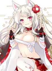 Rule 34 | 1girl, :3, azur lane, bandaged arm, bandages, blush, breasts, bridal gauntlets, budget sarashi, cape, cleavage, closed mouth, collar, commentary request, egasumi, fingernails, flower, hair flower, hair ornament, head tilt, long hair, looking at viewer, medium breasts, nail polish, navel, pink nails, pleated skirt, red cape, red collar, red eyes, red flower, red skirt, sarashi, silver hair, skirt, solo, spiked collar, spikes, takase kanan, thick eyebrows, thighhighs, very long hair, white background, white flower, white thighhighs, yuudachi (azur lane), yuudachi (shogun of snowballs) (azur lane)