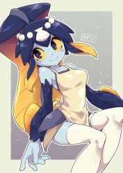 Rule 34 | 1girl, apron, blue skin, blush, border, chichibu (watson), colored sclera, colored skin, fins, fish girl, grey background, grey border, highres, minette (skullgirls), pink pupils, ponytail, scales, shell hair ornament, sitting, skullgirls, smile, solo, thighhighs, yellow sclera