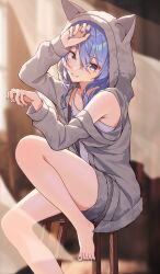 Rule 34 | 1girl, absurdres, animal ears, animal hood, barefoot, blue eyes, blue hair, blue nails, blurry, blurry background, camisole, cat ears, chair, feet, foot out of frame, grey hoodie, grin, hair between eyes, highres, hololive, hood, hoodie, hoshimachi suisei, knee up, legs, looking at viewer, nail polish, parted lips, sitting, smile, solo, star (symbol), star in eye, symbol in eye, thighs, toenail polish, toenails, toes, virtual youtuber, yozora (1wkdgusdn)