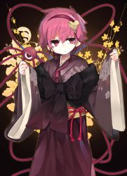 Rule 34 | 1girl, akimaki yuu, black background, bow, commentary, floral background, hairband, highres, japanese clothes, kimono, komeiji satori, looking to the side, nail polish, obi, pink hair, pink nails, red eyes, sash, short hair, sketch, sleeves past wrists, solo, standing, third eye, touhou, wide sleeves