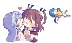 Rule 34 | &gt;:(, . ., 3girls, asymmetrical legwear, blue hair, blue socks, blush stickers, brown eyes, brown hair, cheek-to-cheek, chibi, commentary, cropped torso, frown, grey hair, hair ornament, hands up, heads together, heart, hood, hood down, hoodie, idoly pride, kabotd, kneehighs, long hair, long sleeves, low twintails, lying, mismatched legwear, multiple girls, okuyama sumire, on back, orange socks, outstretched arms, puffy long sleeves, puffy sleeves, shadow, shirt, shoes, simple background, skirt, socks, spread arms, striped clothes, striped shirt, suzumura yuu, tendou rui, twintails, two side up, v-shaped eyebrows, very long hair, white background, white footwear, white skirt, x hair ornament, yellow hoodie, yuri