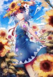 Rule 34 | 1girl, :/, absurdres, arm at side, blue dress, blue eyes, blue hair, blue sky, blush, cirno, closed mouth, cloud, commentary request, day, dress, expressionless, eyelashes, feet out of frame, field, flat chest, flower, flower field, garden of the sun, hat, hat flower, highres, ice, ice wings, leaf, looking at viewer, outdoors, petals, pinafore dress, pink flower, plant, puffy short sleeves, puffy sleeves, ribbon, short hair, short sleeves, sky, sleeveless, sleeveless dress, solo, standing, straw hat, sunflower, sunflower field, tonan (l0l0l0l0l0l), touhou, vines, white flower, wings, yellow flower, yellow ribbon