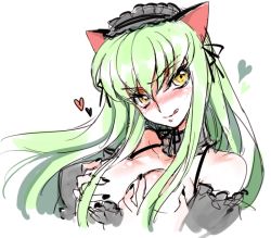 Rule 34 | 1girl, animal ears, black nails, blush, body blush, breast hold, breasts squeezed together, breasts, breasts out, c.c., cat ears, choker, clothes pull, code geass, creayus, deep skin, dress pull, fake animal ears, green hair, hairband, heart, licking lips, lolita hairband, long hair, nail polish, pulled by self, grabbing own breast, tongue, tongue out, topless, yellow eyes