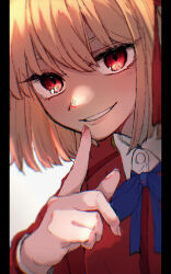 absurdres blonde_hair blue_flower blue_rose bob_cut collared_shirt finger_to_mouth flower grin hair_between_eyes hair_ribbon highres imudegozaimasu jacket looking_at_viewer lycoris_recoil neck_ribbon nishikigi_chisato red_eyes red_jacket red_ribbon ribbon rose shirt short_hair simple_background smile white_background white_shirt