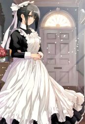 Rule 34 | 1girl, absurdres, apron, black hair, blush, breasts, closed mouth, door, dress, flower, grey eyes, hat, highres, indoors, juliet sleeves, long sleeves, looking at viewer, maid, maid cap, medium breasts, mob cap, original, own hands together, petals, puffy sleeves, scan, shiny skin, smile, solo, tony taka, turtleneck, vase, victorian maid
