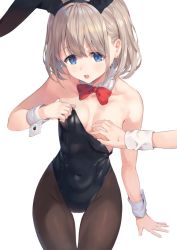 Rule 34 | 1girl, animal ears, bare shoulders, black hairband, black leotard, blue eyes, blush, breasts, brown hair, brown pantyhose, collar, collarbone, commentary request, covered navel, covering privates, covering one breast, detached collar, fake animal ears, groin, hair between eyes, hairband, idolmaster, idolmaster shiny colors, leotard, medium breasts, open mouth, pantyhose, playboy bunny, rabbit ears, rangen, red neckwear, serizawa asahi, simple background, solo, strapless, strapless leotard, teeth, thigh gap, upper teeth only, white background, white collar, wing collar, wrist cuffs