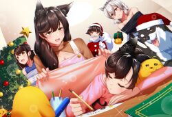 5girls alternate_costume alternate_hairstyle animal_ears atago_(azur_lane) aunt_and_niece azur_lane blanket choukai_(azur_lane) christmas christmas_ornaments christmas_tree dog dog_ears dog_girl dutch_angle fake_facial_hair fake_mustache gift hair_over_shoulder highres kagiyama_(clave) manjuu_(azur_lane) maya_(azur_lane) mother_and_daughter multiple_girls pencil santa_costume sleeping star_(symbol) takao_(azur_lane)