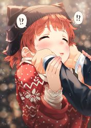 Rule 34 | !?, 10s, 1girl, animal hat, bad id, bad pixiv id, blush, cheek squash, closed eyes, hands on another&#039;s cheeks, hands on another&#039;s face, hat, highres, idolmaster, idolmaster million live!, narumi arata, nonohara akane, out of frame, red hair, scarf, short hair, snow, solo focus, sweat, sweater