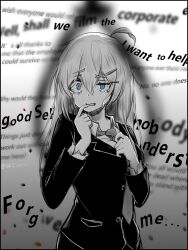 Rule 34 | 1girl, blue eyes, blurry, blurry foreground, collared shirt, crying, crying with eyes open, english text, finger to mouth, formal, greyscale, hair between eyes, half-closed eye, hands up, highres, hod (project moon), jacket, lobotomy corporation, long sleeves, monochrome, necktie, nervous, noose, ori oriio, project moon, shirt, solo, spot color, tears, upper body