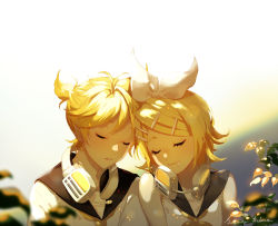 Rule 34 | 1boy, 1girl, ascot, bare shoulders, blonde hair, bow, brother and sister, commentary, closed eyes, hair bow, hair ornament, hairclip, heads together, headphones, headphones around neck, headset, kagamine len, kagamine rin, leaf, microphone, necktie, ponytail, sailor collar, saliva, shirt, short hair, siblings, sleeping, sugata keburu, sunlight, twins, upper body, vocaloid, white bow, white shirt, yellow neckwear