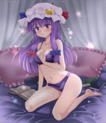 Rule 34 | 1girl, 3692materia, bare shoulders, barefoot, blue ribbon, blunt bangs, blush, book, bra, breasts, cleavage, closed mouth, collarbone, crescent, crescent hair ornament, curtains, frilled pillow, frills, hair ornament, hair ribbon, hat, highres, kneeling, long hair, looking at viewer, mob cap, navel, panties, patchouli knowledge, pillow, purple bra, purple eyes, purple hair, purple panties, red ribbon, ribbon, sidelocks, solo, touhou, tress ribbon, underwear, underwear only