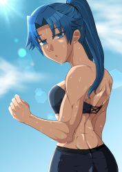 Rule 34 | 1girl, absurdres, arm up, bare shoulders, blue eyes, blue hair, blue sky, clenched hand, highres, hizakozouman, lens flare, looking back, muscular, muscular female, original, outdoors, pants, parted lips, ponytail, sky, sports bra, sportswear, sun, sunlight, sweat