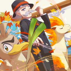 Rule 34 | 1boy, autumn leaves, black headwear, black pants, bright pupils, buttons, cane, collared shirt, commentary request, creatures (company), facial hair, farfetch&#039;d, fire, game freak, gen 1 pokemon, gentleman (pokemon), grey hair, hat, hat ribbon, holding, holding cane, jacket, long sleeves, looking at viewer, male focus, mustache, necktie, nintendo, one eye closed, pants, pokemon, pokemon (creature), pokemon lgpe, ponyta, red neckwear, ribbon, shirt, standing, tom (pixiv10026189), white shirt