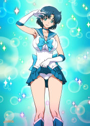 Rule 34 | 10s, 1girl, arm up, armpits, bishoujo senshi sailor moon, bishoujo senshi sailor moon crystal, blue background, blue eyes, blue hair, blue sailor collar, blue skirt, blush, boots, bow, breasts, choker, cleavage, clothes lift, earrings, elbow gloves, gloves, huge breasts, jewelry, joy ride, knee boots, large breasts, leotard, magical girl, matching hair/eyes, miniskirt, mizuno ami, panties, parted lips, sailor collar, sailor mercury, sailor senshi, short hair, skirt, skirt lift, sleeveless, solo, sparkle, thigh gap, tiara, underwear, upskirt, white gloves, white panties