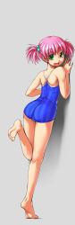 Rule 34 | 1girl, :d, ass, bare shoulders, barefoot, bosshi, cameltoe, competition school swimsuit, feet, from behind, green eyes, highres, leaning, leaning forward, leg lift, legs, looking back, moe (bosshi), moe (character), one-piece swimsuit, open mouth, original, pink hair, school swimsuit, simple background, smile, soles, solo, standing, striped clothes, striped one-piece swimsuit, swimsuit, toes, twintails, vertical-striped clothes, vertical-striped one-piece swimsuit