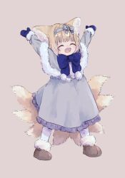 Rule 34 | 1girl, :d, ^ ^, animal ear fluff, animal ears, arknights, arms up, blonde hair, blue bow, blue mittens, bow, brown background, brown footwear, capelet, closed eyes, dress, facing viewer, fox ears, fox girl, fox tail, frilled dress, frills, full body, fur-trimmed capelet, fur-trimmed sleeves, fur trim, grey capelet, grey dress, happy, highres, kitsune, long sleeves, mittens, niwatori (akira 207), open mouth, pantyhose, simple background, smile, solo, suzuran (arknights), tail, white pantyhose