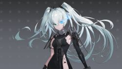 Rule 34 | 1girl, absurdres, black dress, black gloves, black rock shooter, black rock shooter (character), closed mouth, commentary request, dress, flaming eye, gloves, grey hair, hair between eyes, highres, long hair, maoliaijulizi, mechanical arms, punishing: gray raven, side slit, sidelocks, single mechanical arm, solo, twintails
