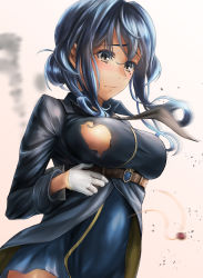 Rule 34 | 1girl, absurdres, belt, black necktie, blue eyes, blue hair, blush, breasts, collared shirt, commentary request, damaged, gloves, gotland (kancolle), gotland andra (kancolle), hair between eyes, hair bun, half gloves, highres, kantai collection, kokuzou, large breasts, long hair, long sleeves, looking at viewer, military, military uniform, mole, mole under eye, necktie, shirt, sidelocks, simple background, single hair bun, smokestack, solo, tearing up, underbust, uniform, white gloves