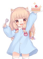 Rule 34 | 1girl, :d, animal ear fluff, animal ears, arm up, blue dress, blush, borrowed character, braid, brown eyes, brown hair, cake, cake slice, collared shirt, confetti, dress, food, fork, fruit, hand up, hat, holding, holding fork, holding plate, kindergarten uniform, kupuru (hirumamiyuu), long hair, long sleeves, looking at viewer, open mouth, original, plate, puffy long sleeves, puffy sleeves, school hat, shirt, smile, solo, sparkle, strawberry, strawberry shortcake, streamers, teeth, thighhighs, transparent background, upper teeth only, very long hair, white shirt, white thighhighs