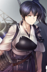 Rule 34 | 10s, 1girl, breasts, brown eyes, brown hair, collarbone, donarudo, female focus, gradient background, grey background, highres, japanese clothes, kaga (kancolle), kantai collection, large breasts, looking at viewer, muneate, quiver, serious, side ponytail, solo, tasuki, upper body