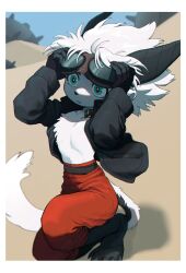 Rule 34 | 1other, adjusting goggles, androgynous, aqua eyes, belt, black jacket, body fur, border, collared jacket, day, desert, furry, goggles, goggles on head, high-waist pants, highres, horns, jacket, kneeling, m seawave, open clothes, open jacket, original, other focus, outdoors, pants, parted lips, red pants, solo, tail, white border, white fur, white hair