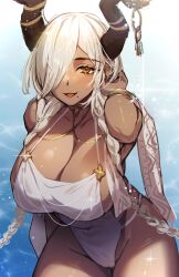 Rule 34 | 1girl, arm behind head, asymmetrical bangs, azur lane, bracelet, braid, breasts, brown horns, cameltoe, cleft of venus, covered navel, dark-skinned female, dark skin, earrings, hair over one eye, highleg, highleg swimsuit, highres, horn ornament, horns, jewelry, large breasts, long bangs, long hair, looking at viewer, low twin braids, maitei roppa, mole, mole under mouth, necklace, one-piece swimsuit, one eye covered, open mouth, orange eyes, owari (azur lane), owari (shimmering forsythia) (azur lane), revealing clothes, smile, solo, swimsuit, twin braids, very long hair, water, white hair, white one-piece swimsuit