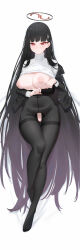 Rule 34 | 1girl, absurdres, black hair, black pantyhose, blue archive, blur censor, breasts, censored, closed mouth, crotch cutout, crotchless, crotchless panties, dongye1551, full body, hair ornament, hairpin, halo, highres, large breasts, long hair, long sleeves, looking at viewer, nipples, panties, pantyhose, red eyes, rio (blue archive), solo, sweater, turtleneck, turtleneck sweater, underwear, very long hair, white sweater