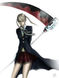 Rule 34 | 00s, 10s, 1boy, 1girl, 2012, arms behind back, blonde hair, coat, dated, maka albarn, necktie, penator, plaid, plaid skirt, scythe, signature, simple background, skirt, solo focus, soul eater, soul evans, twintails, white background, white hair