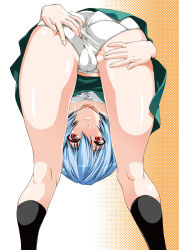 Rule 34 | 1girl, ass, ass grab, ayanami rei, bent over, black socks, blue hair, cameltoe, fat mons, grabbing own ass, halftone, halftone background, hands on ass, kneepits, legs, looking through own legs, neon genesis evangelion, panties, pantyshot, red eyes, school uniform, shinama, short hair, skin tight, skirt, socks, solo, spread ass, spread pussy under clothes, underwear, upside-down, upskirt