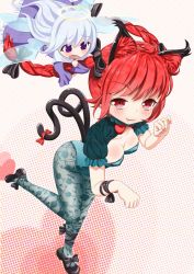 Rule 34 | 2girls, animal ears, bad id, bad pixiv id, blush, bow, braid, breasts, cat ears, cat tail, cleavage, cleavage cutout, clothing cutout, fairy wings, fang, female focus, floral print, grabbing another&#039;s hair, green legwear, hair bow, halo, jixing renou, kaenbyou rin, leg ribbon, multiple girls, multiple tails, pantyhose, patterned legwear, paw pose, print legwear, purple eyes, red eyes, red hair, ribbon, tail, tail ornament, tail ribbon, touhou, twin braids, white hair, wings, wrist ribbon, zombie fairy (touhou)
