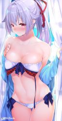 Rule 34 | 1girl, averting eyes, bare shoulders, bikini, blush, breasts, cleavage, closed mouth, collarbone, colored eyelashes, curtains, fate/grand order, fate (series), gintarou (kurousagi108), hair between eyes, hair ribbon, highres, hip focus, long hair, medium breasts, navel, open clothes, ponytail, red eyes, red ribbon, ribbon, silver hair, solo, swimsuit, thighs, tomoe gozen (fate), white bikini