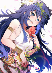 Rule 34 | 1girl, alternate costume, blue eyes, blue hair, blush, breasts, chromatic aberration, dress, fire emblem, fire emblem awakening, fire emblem heroes, flower, hair between eyes, head wreath, highres, long hair, looking at viewer, lucina (fire emblem), lucina (valentine) (fire emblem), nakabayashi zun, nintendo, official alternate costume, open mouth, simple background, smile, solo, sundress, white background